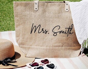 Personalized Burlap Tote Bags Custom Name Jute Bag Bridesmaid Gift Bag Bachelorette Party Monogram Beach Bag Wedding Favors Gift for Her