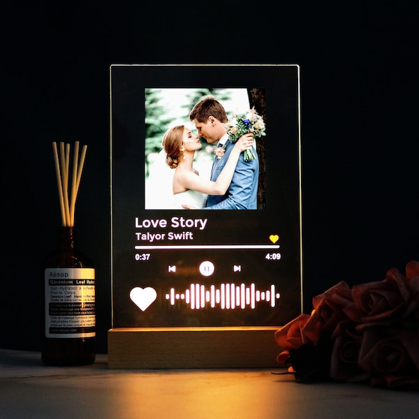 Custom Photo Music Plaque, Personalized Photo Frame, Album Cover Song Plaque, Music Night Light, Photo Name Night Lamp, Couples Wedding Gift