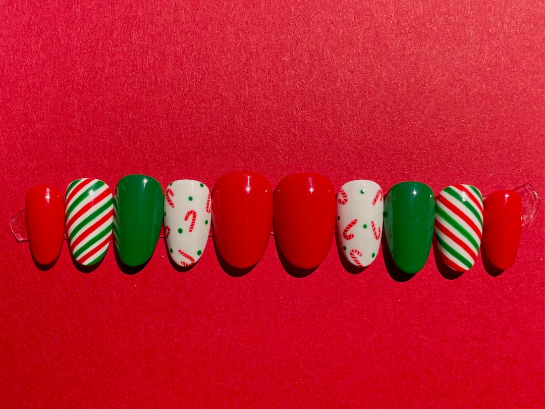 Tiny candy canes christmas nails l ready to ship press on etsy