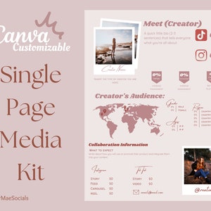 Single Page Media Kit Template for Influencers, Bloggers, Content Creators | Canva Customizable| Marketing Packet | Social Media