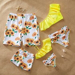 Sunflower High Waisted Mommy and Me Swimsuits Mini Me Girl Toddler Bathing Suit Yellow & White Two Piece Bathing Suits Tie Knot Top