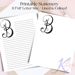 May include: Printable stationery with a black letter B monogram on a white background. The stationery is available in lined and unlined options. The paper is 8.5 inches by 11 inches.