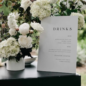 Modelo de sinal de menu de bar de casamento minimalista editável moderno simples bebidas menu sinal de casamento neutro coquetéis menu bebidas exclusivas DIY Eliza