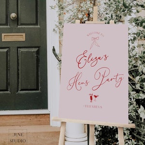 Unique Hens Party Welcome Sign Template Printable Bachelorette Party Sign Hens Welcome Hen Do Poster Hand-drawn illustration Pink Red