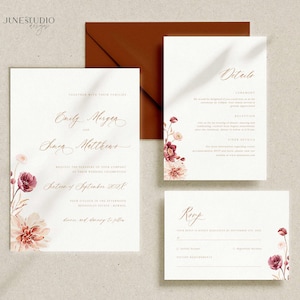 Modèle de suite d'invitations pour mariage d'automne, faire-part de mariage automne rustique, 3 pièces, carte RSVP en téléchargement numérique, code QR, modèle HAZEL