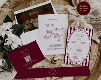 Hochzeitseinladungsset in Burgunderrot: Künstlerisches, einzigartiges Design im Stil des alten Geldes in Kirschrot mit Retro-QR-Code-RSVP (digitale, bearbeitbare Vorlage)