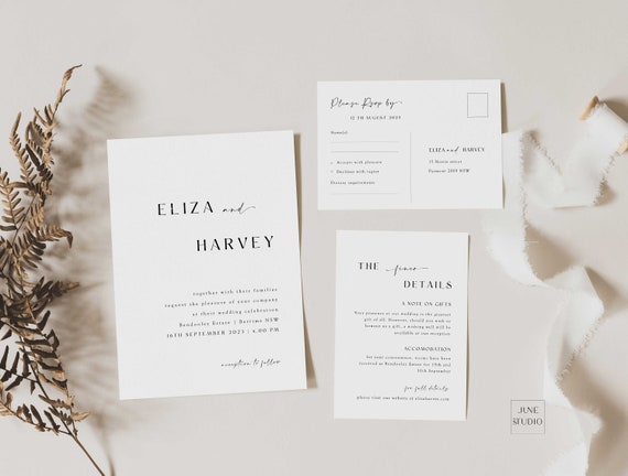 Minimalist Wedding Invitation Suite: Modern Wedding Invite Cards Set Bundle QR Code RSVP (Editable Template, Printable) ELIZA