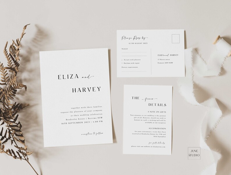 Peut inclure: Une suite d'invitation de mariage minimaliste avec du papier cartonn&eacute; blanc et du texte noir. L'invitation pr&eacute;sente les noms "Eliza et Harvey" et la date du mariage "10 septembre 2023". La carte RSVP comprend le texte "Veuillez r&eacute;pondre avant le 12 ao&ucirc;t 2021".