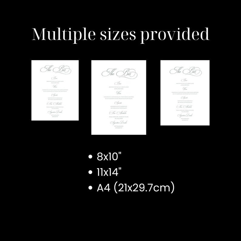 May include: Three white cards with the text "The Bar" in a cursive font. The cards are shown in three different sizes: 8x10 inches, 11x14 inches, and A4 (21x29.7 cm).
