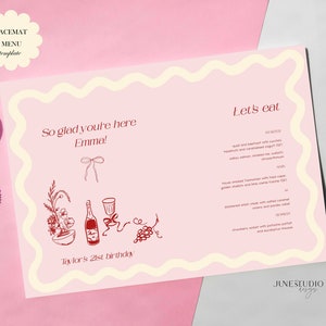 Jogo americano desenhado à mão + menu + modelo de cartão de lugar Menu recortado Festa de despedida de solteira Aniversário Chá de panela Editável Festa de noivado de despedida de solteira Ondulado