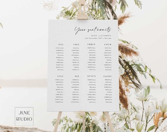 Minimalist Wedding Seating Chart Sign: 8,9,12 Tables Modern Script Your Seat Awaits Guest Seating Arrangement (Editable, Printable) ELIZA