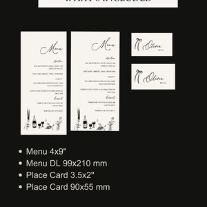 May include: Two black and white menu cards with the word "Menu" written in cursive. The cards feature a black and white illustration of wine bottles, glasses, and grapes. The text "What's Included" is written in black at the top of the image. Below the image are four bullet points with the text "Menu 4x9", "Menu DL 99x210 mm", "Place Card 3.5x2", and "Place Card 90x55 mm".