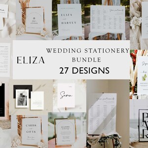 Peut inclure: Un collage de 27 designs de papeterie de mariage dans un style minimaliste. Les designs comprennent des faire-part, des invitations, des cartes RSVP, des menus et plus encore. Le texte "ELIZA HARVEY" et "WEDDING STATIONERY BUNDLE 27 DESIGNS" est pr&eacute;sent&eacute; au centre du collage.