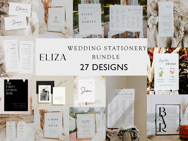 Peut inclure: Un collage de 27 designs de papeterie de mariage dans un style minimaliste. Les designs comprennent des faire-part, des invitations, des cartes RSVP, des menus et plus encore. Le texte "ELIZA HARVEY" et "WEDDING STATIONERY BUNDLE 27 DESIGNS" est pr&eacute;sent&eacute; au centre du collage.