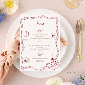 Rosa rote Schleife Menükartenvorlage Hennen Party wunderlich Hand gezeichnet Hand geschrieben Bachelorette Abendessen Niedlich Geburtstagsmenü Design bearbeitbar