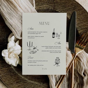 Plantilla de menú de boda Artsy cena dibujada a mano ilustrada dinero viejo retro inspirado francés vintage glam menú de invitados arco coqueta funky 5x7" A5