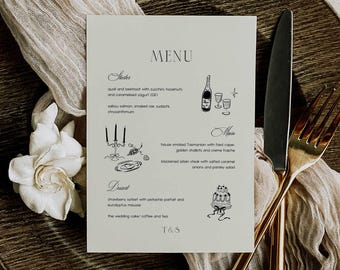 Old Money Wedding Menu Template: Modern Vintage Hand-drawn Illustration Reception Guest Dinner Menu (5x7" A5) (Digital, Editable) Eleanor