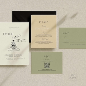 Conjunto de convites para casamento com dinheiro antigo, torre de champanhe desenhada à mão, conjunto de convites para casamento moderno e retrô, código QR, cartão RSVP JS02