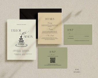 Altes Geld Hochzeitseinladung: Retro-Hochzeits-Einladungsset QR-Code Antwort-Champagne-Turm-Skizze (digitale Vorlage, druckbar) Eleanor