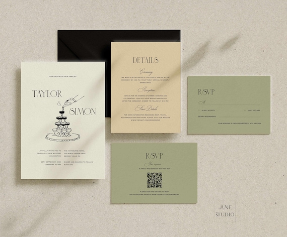 Old Money Wedding Invitation Suite: Retro Wedding Invite Set QR Code RSVP Champagne Tower Sketch (Digital Template, Printable) Eleanor