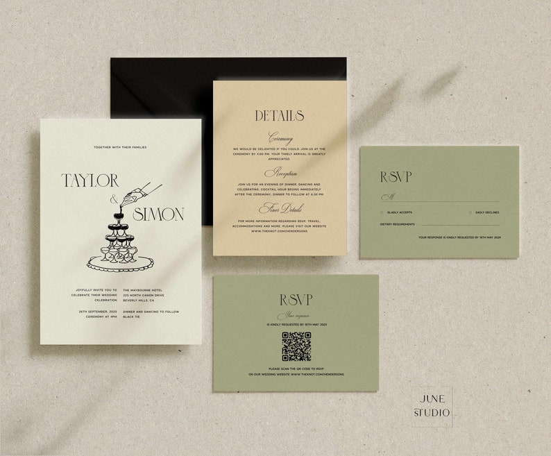 Conjunto de invitaciones de boda de estilo clásico: Conjunto de invitaciones de boda retro con código QR, confirmación de asistencia y diseño de torre de champán (plantilla digital, imprimible) Eleanor imagen 1