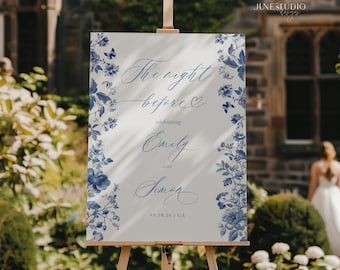 French Toile Rehearsal Dinner Welcome Sign: Dusty Blue Floral (Editable Printable Template)