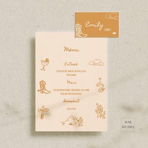 Laarzen en bubbels vrijgezellenfeest Menu + plaatskaartset sjabloon Handgetekende West Wild Cow Girl-thema illustratie Hens Bach Party Last Rodeo