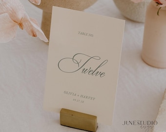 Vintage Green Wedding Table Number Sign: Timeless Elegant Script Card (Digital Template, Editable) CLARA