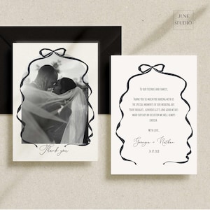 Modèle de carte de remerciement pour photo de mariage Français vintage inspiré noeud dessiné à la main mot de remerciement pour mariage personnalisé avec image modifiable imprimable