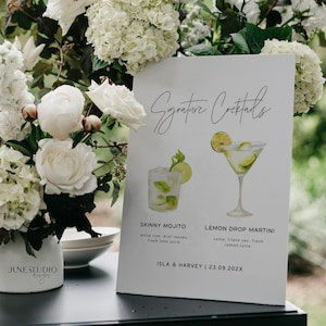 Modelo de placa de coquetel exclusivo, bebida exclusiva, cardápio de bar, placa de bebida para casamento, bebidas para ele e para ela, bebida para os noivos, modelo editável