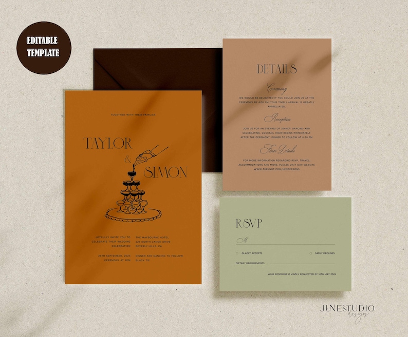 Conjunto de invitaciones de boda de estilo clásico: Conjunto de invitaciones de boda retro con código QR, confirmación de asistencia y diseño de torre de champán (plantilla digital, imprimible) Eleanor imagen 2