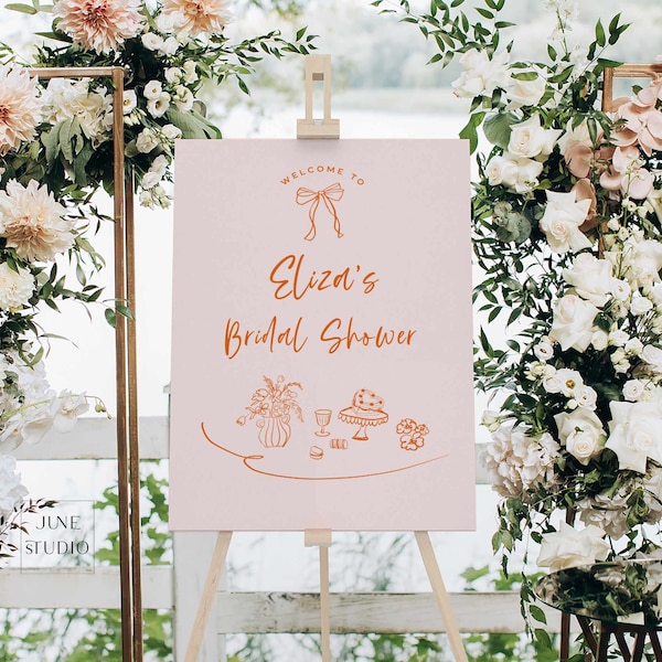 Panneau de bienvenue pour la douche nuptiale dessiné à la main Douche nuptiale florale illustrée Fleur fantaisiste Tea Party EVJF Fête d'anniversaire EVJF