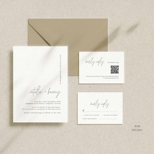 Puede incluir: Un conjunto de invitaciones de boda minimalista con fondo blanco y texto negro. La tarjeta de invitación presenta los nombres de la pareja, "Natalie & Harvey", la fecha, "sábado 16 de septiembre de 2023", y la ubicación, "Campbell Point House, Leopold, Victoria". La tarjeta RSVP incluye un código QR y el texto "Por favor, responda antes del 16 de agosto de 2023".