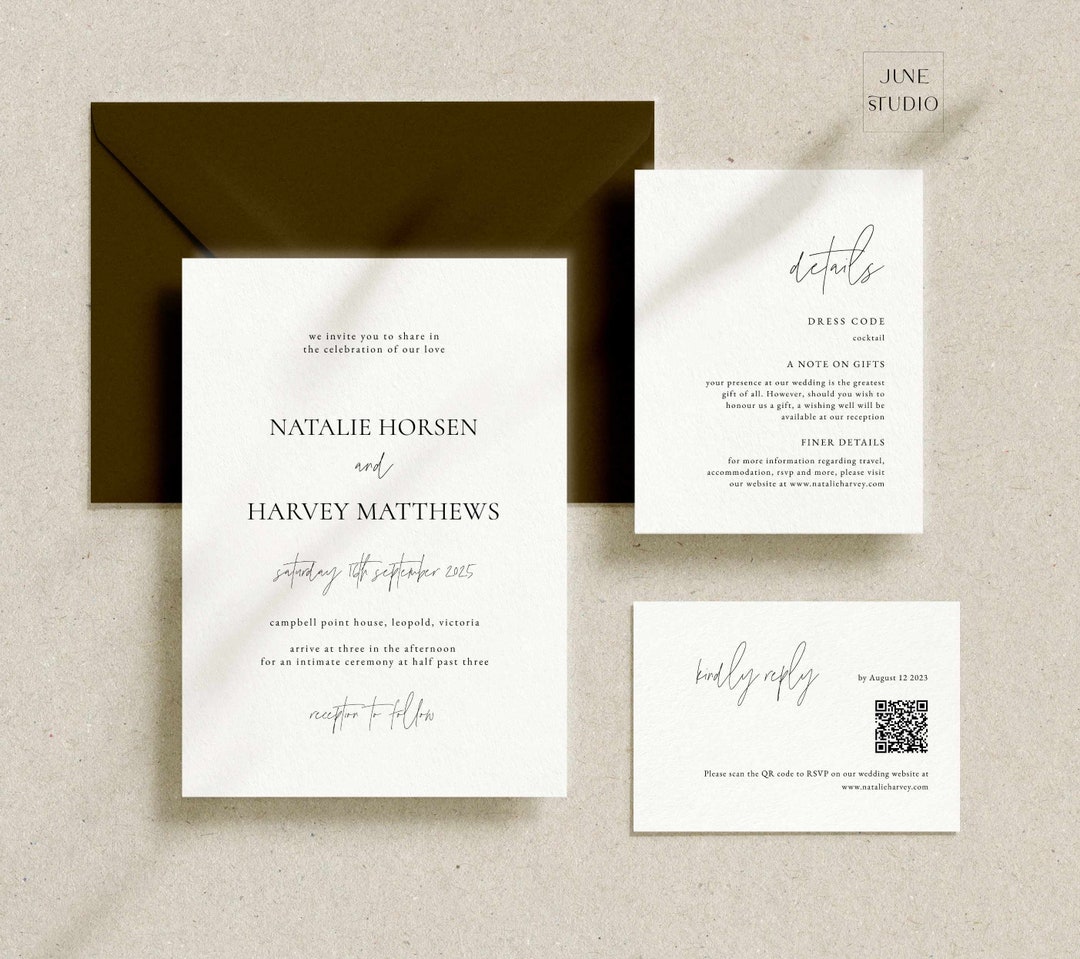 Modern Wedding Invitation Set Template QR Code RVPS Card Modern Script ...