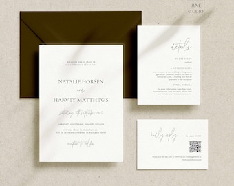 Zeitlose Hochzeitseinladungen mit QR-Code und Antwortmöglichkeit: Elegantes, formelles Hochzeitseinladungsset (3 Karten, digitale Vorlage, bearbeitbar) ABIGAIL