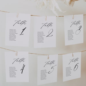 Plantilla de número de mesa de plan de asientos de boda Plantilla de tarjeta de tabla de asientos mínimos Signo de número de mesa de escritura moderna para espejo Imprimible simple