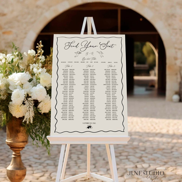 Whimsical Wedding Seating Chart 3 Long Tables Template Hand drawn Bow Angels Hand written Seating Map Baby Shower Baptism Bridal Shower