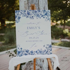 Blue Chinoiserie Bridal Shower Welcome Sign Printable Template, Something Blue Before I Do, Spring Bridal Brunch Toile Decor French Editable
