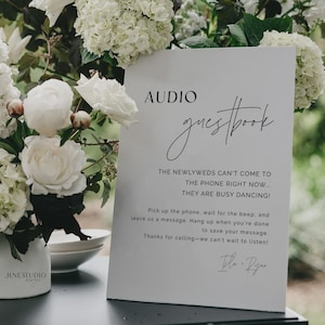 Modèle de livre d&#39;or de mariage audio moderne Modifiable minimal Laissez-nous un message Panneau de messagerie vocale Panneau de cabine audio téléphonique de mariage imprimable ISLA