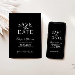 Moderne schwarze Save The Date Einladungsvorlage, moderne Karte und Telefon Save the Date Einladung, DIY Hochzeit Vorlagen