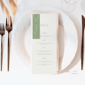Menú de boda + plantilla de tarjeta de lugar delgada verde salvia Menú verde minimalista editable Menú de compromiso + tarjeta de nombre delgada Tarjeta delgada editable