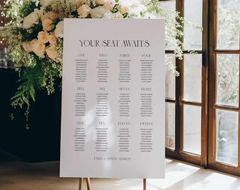 Minimalist Wedding Seating Chart Template: Modern Printable Sign (Digital Download) 12, 14, 15 Tables KARLA