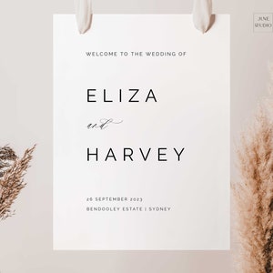 Plantilla de signo de bienvenida de boda minimalista, retrato, tablero de bienvenida simple, señalización imprimible de boda, cartel de bienvenida de boda moderno