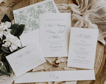 Klassisches Hochzeitseinladungs-Set: Elegante, formelle Hochzeitseinladung im Schreibschrift-Design, Bauchbinde + Umschlagfutter (digital, bearbeitbar) CLARA