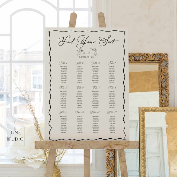 Modèle de plan de table pour mariage fantaisiste Bordure gribouillée unique Votre siège vous attend A1 Bordure ondulée Cupidon Disposition modifiable des sièges de mariage