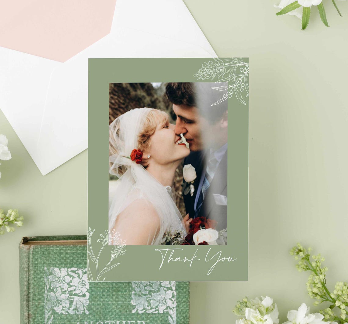 Sage Green Wedding Photo Thank You Card Template (editable, Digital ...