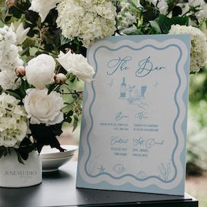 Wavy Wedding Drink Menu Sign, Coastal Cocktail Template, Editable Ocean Themed Bar Menu Illustrated, Nautical Beach Wedding Decor Seaside