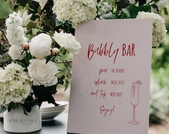 Mimosa Bar Sign Template: Bridal Shower Pink Red Bubbly Bar Table Drink Station She's Tying the Knot (Digital Download, Editable, Printable)