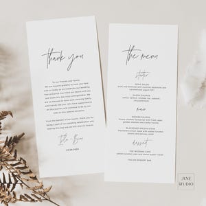 Wedding Menu With Personalized Thank You Note Card: Dainty Script Chic Napkin Menu Table Seating (Editable Template, Printable) ISLA