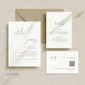 Conjunto de invitaciones de boda: Escritura moderna minimalista, código QR RSVP (editable, imprimible) ISLA